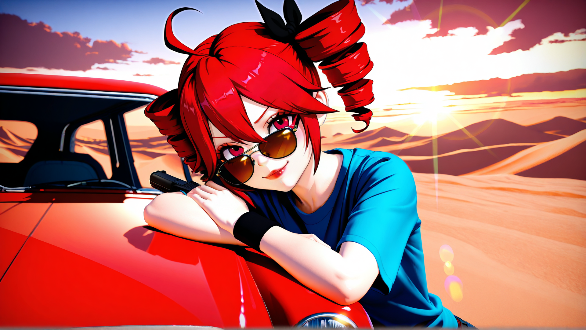 AI generated wallpaper featuring anime girl, red car, gun