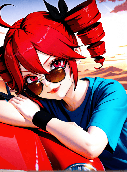 anime girl, red car, gun