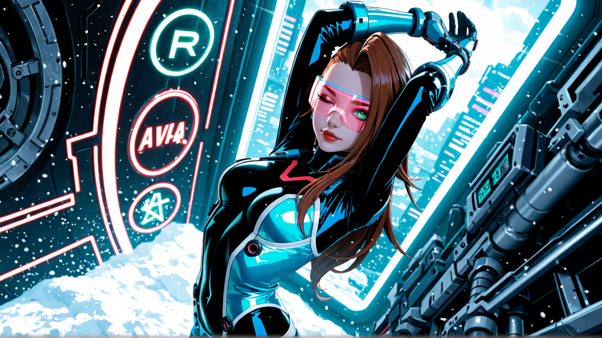 AI generated wallpaper featuring woman, robotic arm, neon sign, glasses, cyberpunk, cityscape, futuristic suit, snow, goggles