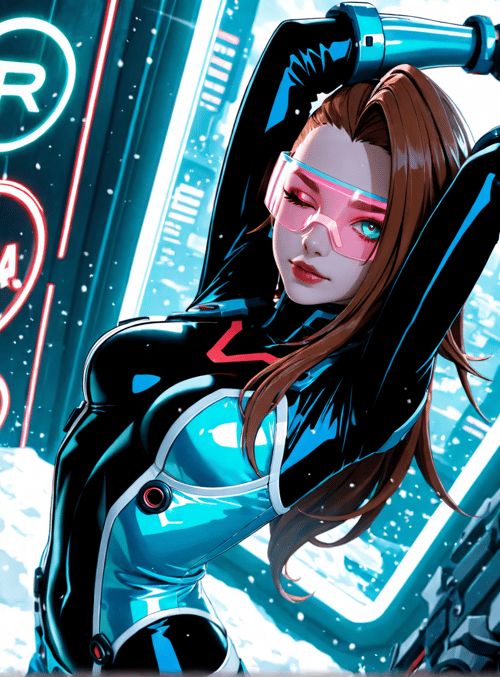 woman, robotic arm, neon sign, glasses, cyberpunk, cityscape, futuristic suit, snow, goggles