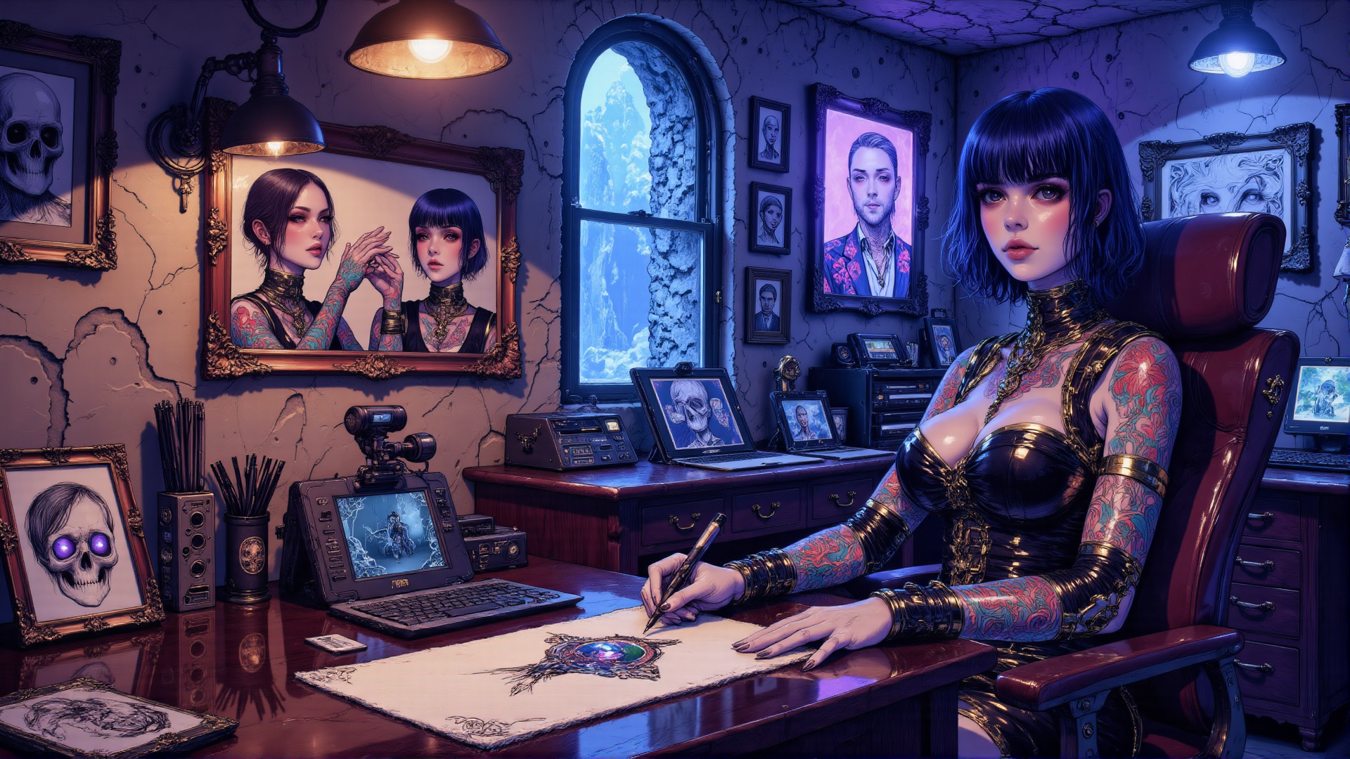 AI generated wallpaper featuring woman, tattoo, desk, art, skull, mirror, computer, painting, chair, room