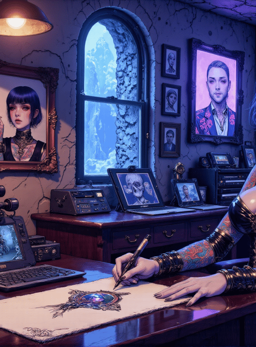 woman, tattoo, desk, art, skull, mirror, computer, painting, chair, room