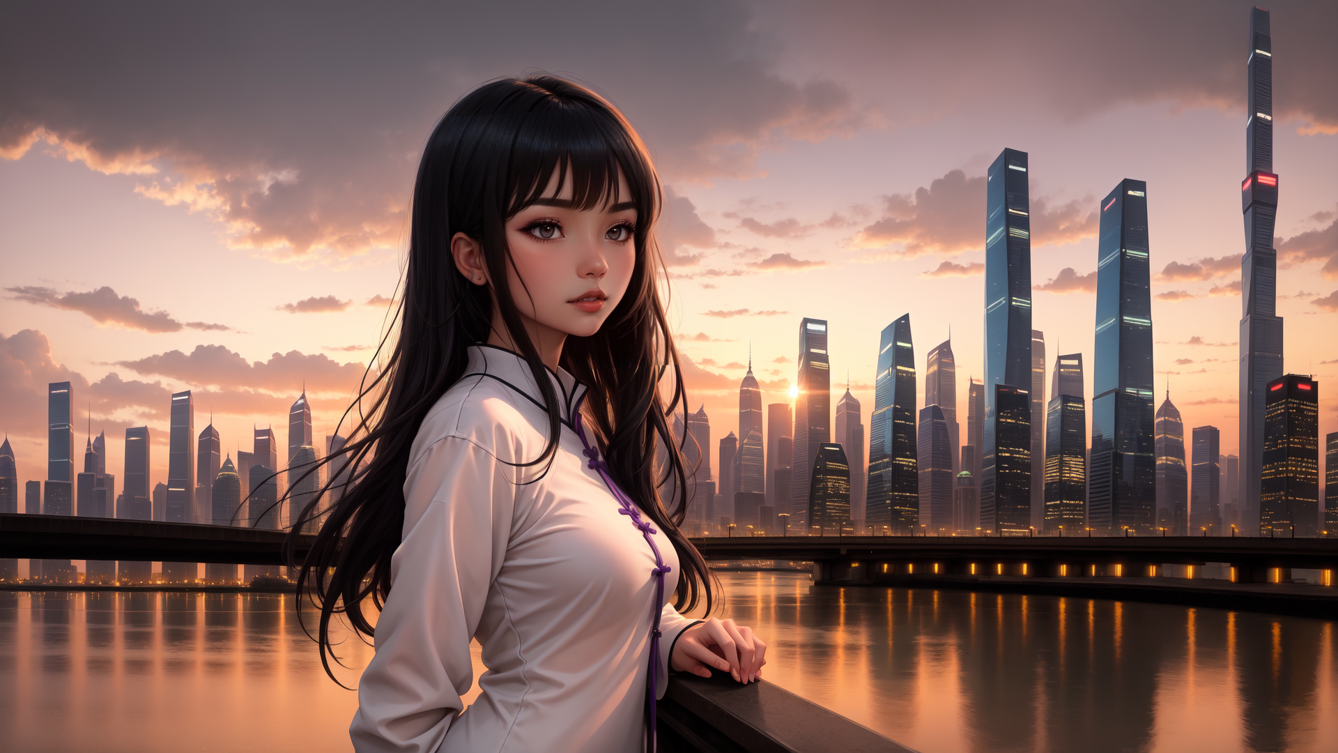 AI generated wallpaper featuring woman, cityscape, river