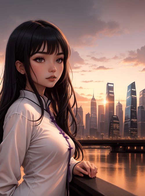 woman, cityscape, river