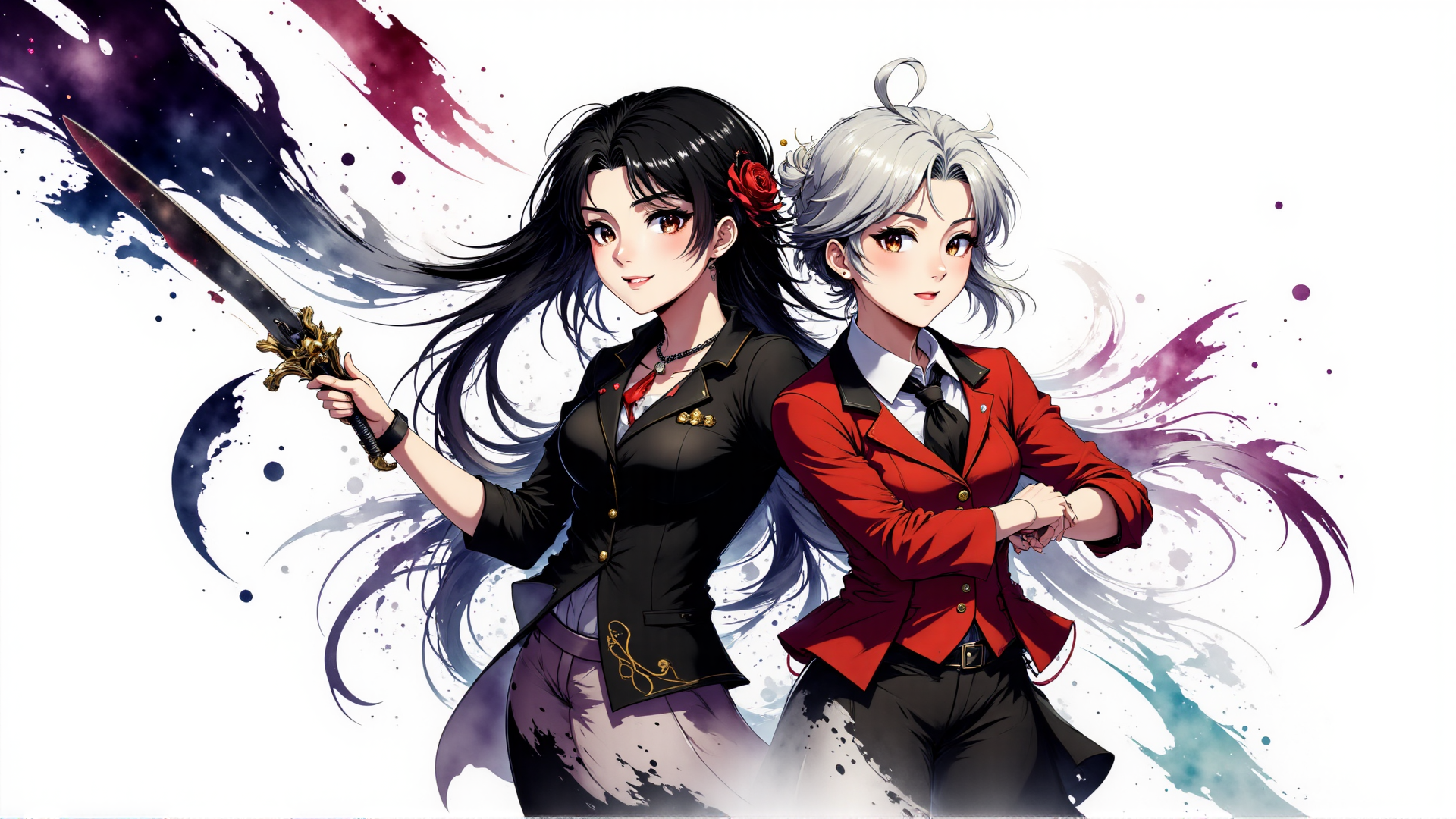 AI generated wallpaper featuring woman, man, sword, uniform, hair