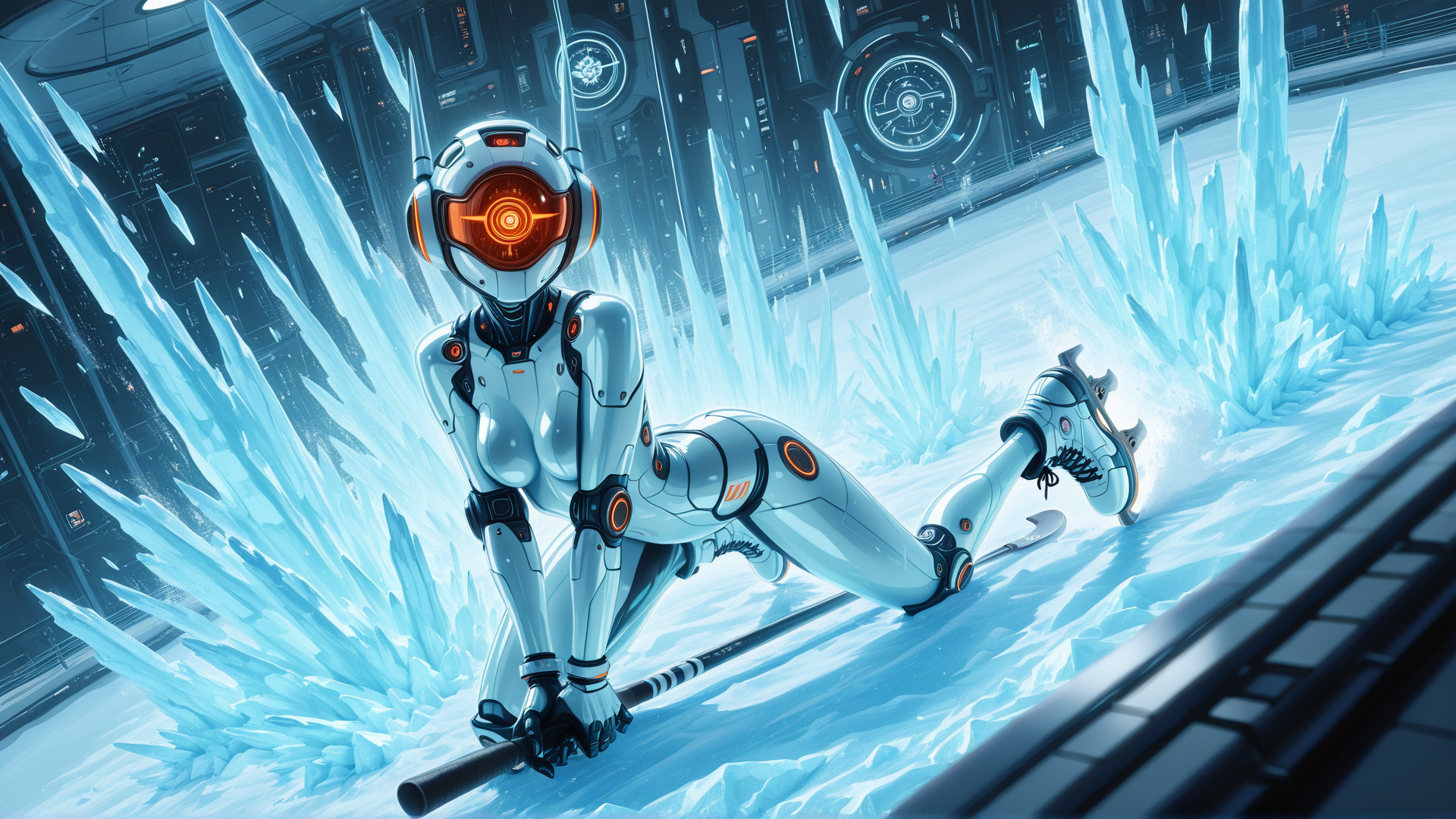 AI generated wallpaper featuring robot, ice, skate, crystals, helmet, futuristic, cyberpunk, sledding, sci-fi, gloves