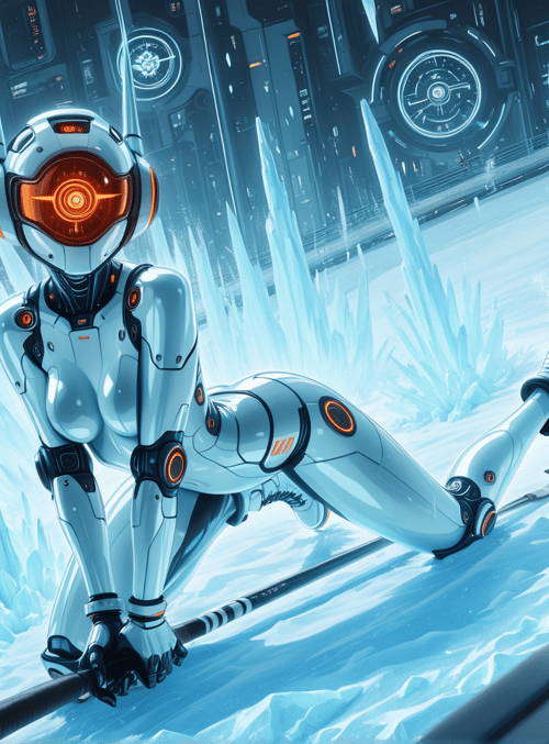 robot, ice, skate, crystals, helmet, futuristic, cyberpunk, sledding, sci-fi, gloves