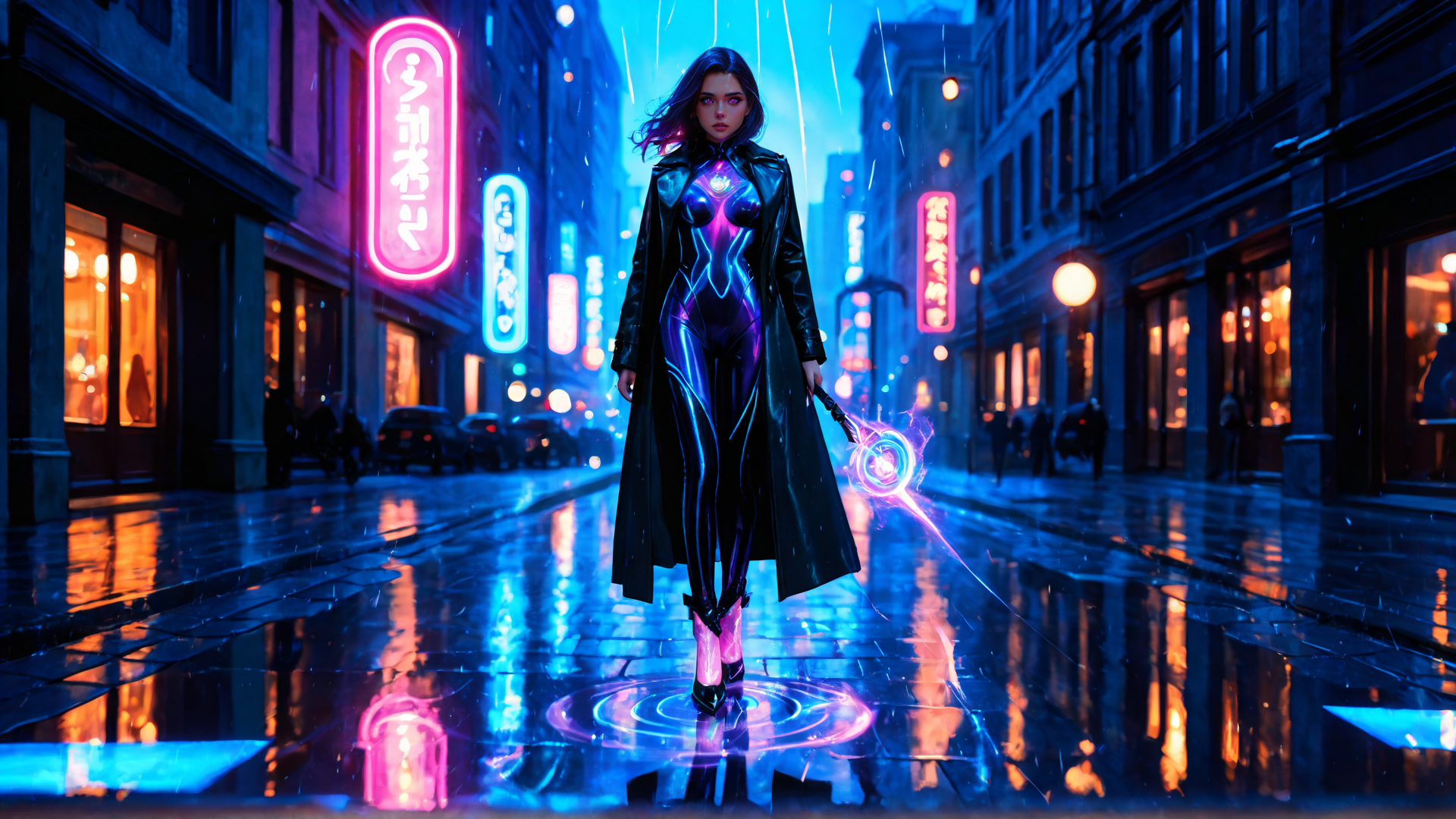 AI generated wallpaper featuring woman, cyberpunk, magician