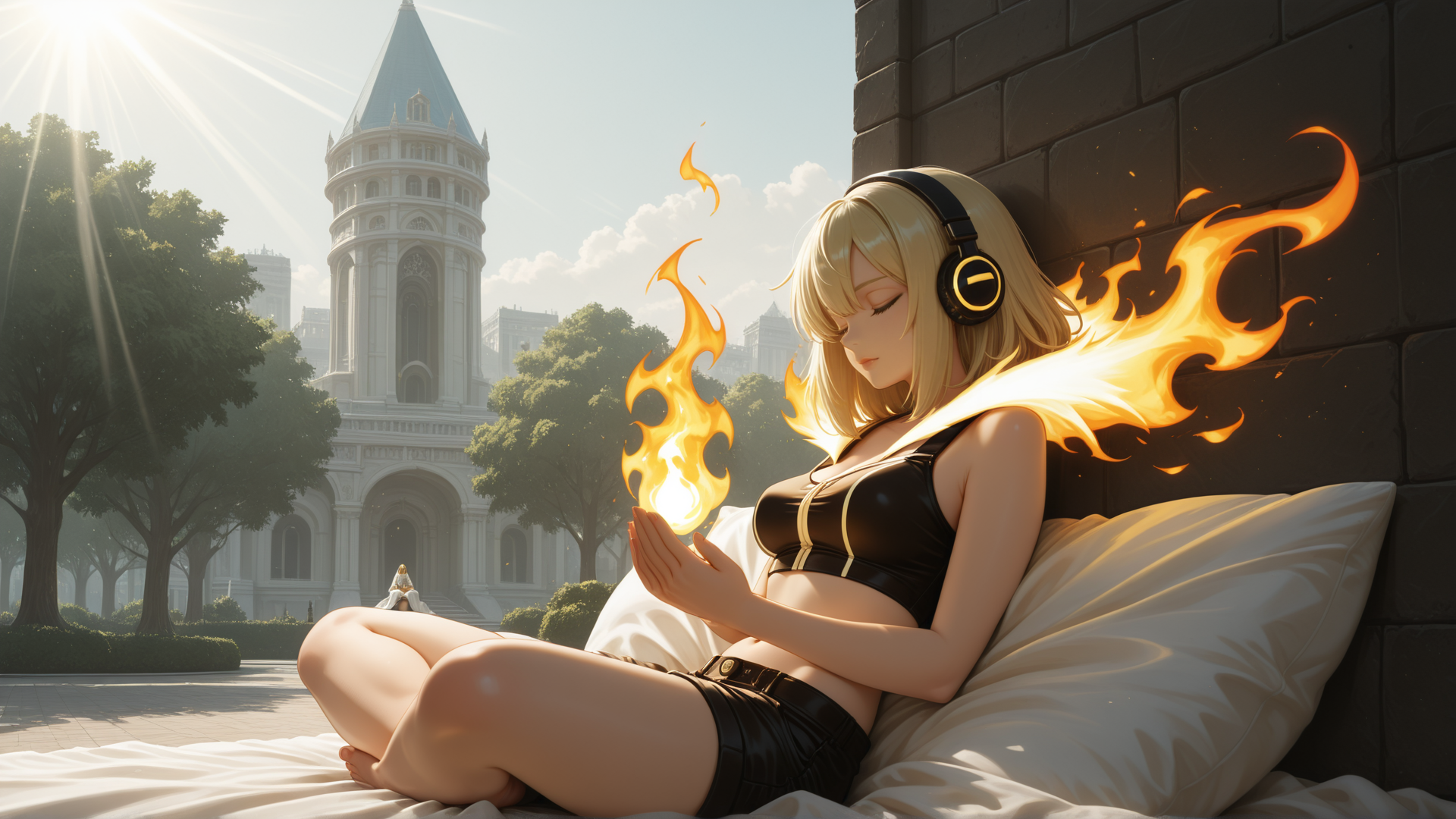 AI generated wallpaper featuring girl, flames, headphones, pillow, castle
