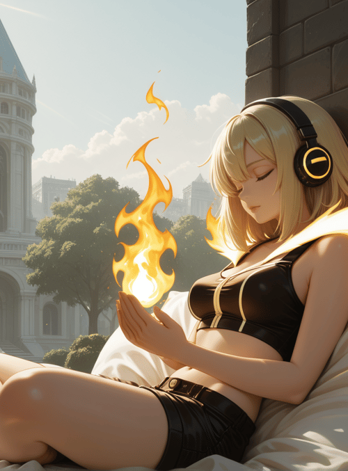 girl, flames, headphones, pillow, castle