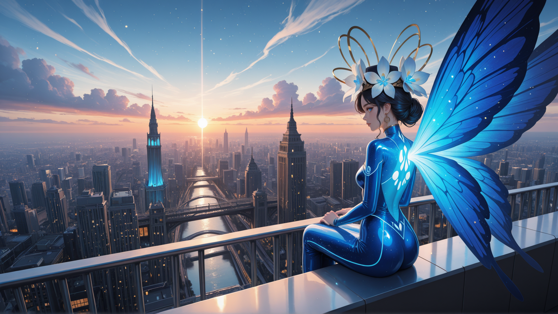 AI generated wallpaper featuring fairy, cityscape, butterfly wings, sunset, woman, skyscraper, river, helmet, flowers, balcony