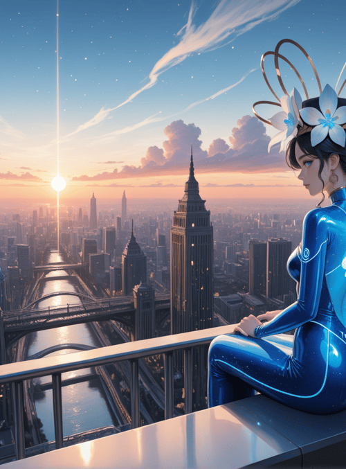 fairy, cityscape, butterfly wings, sunset, woman, skyscraper, river, helmet, flowers, balcony