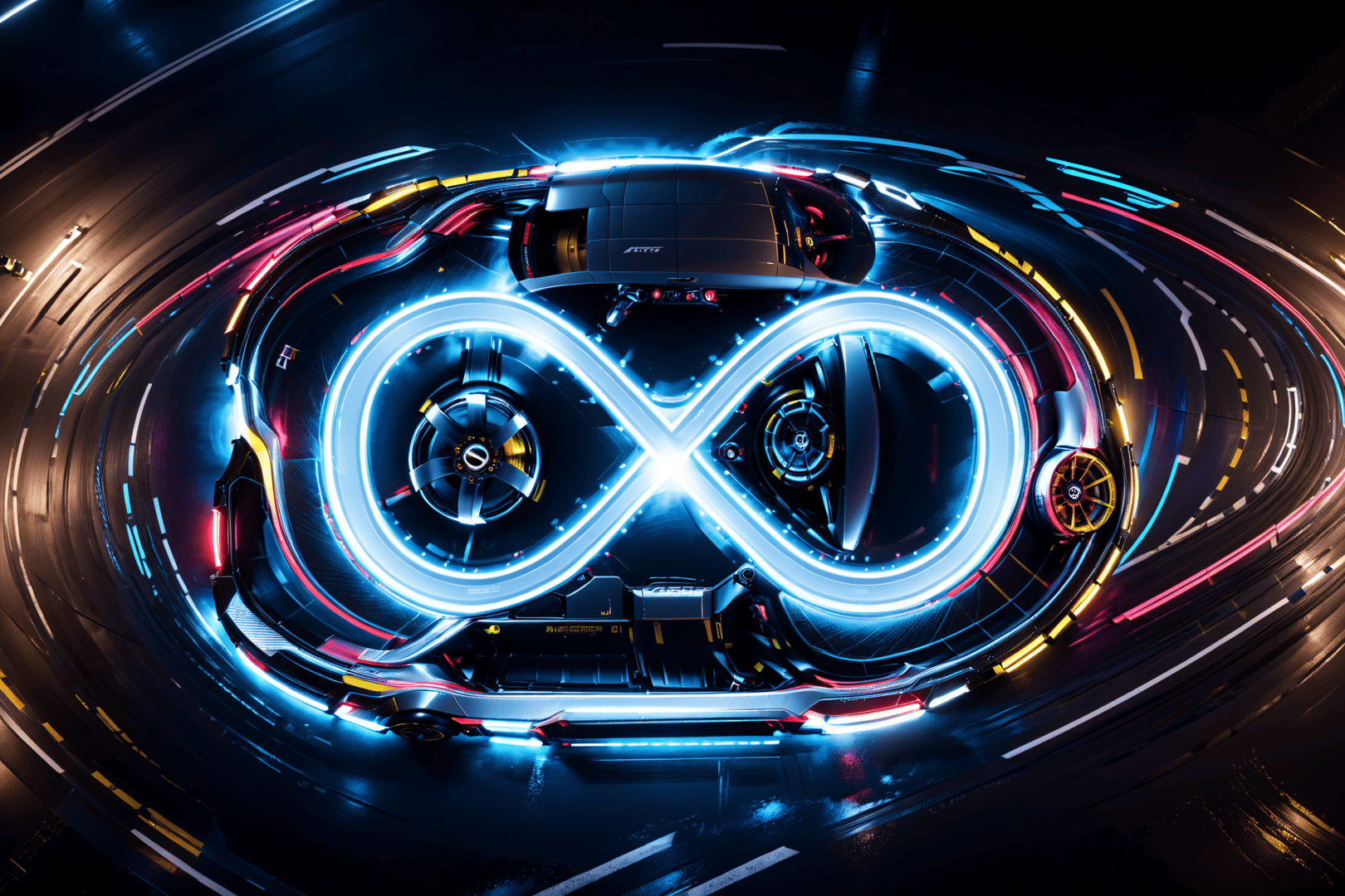 AI generated wallpaper featuring car, infinity symbol, neon lights
