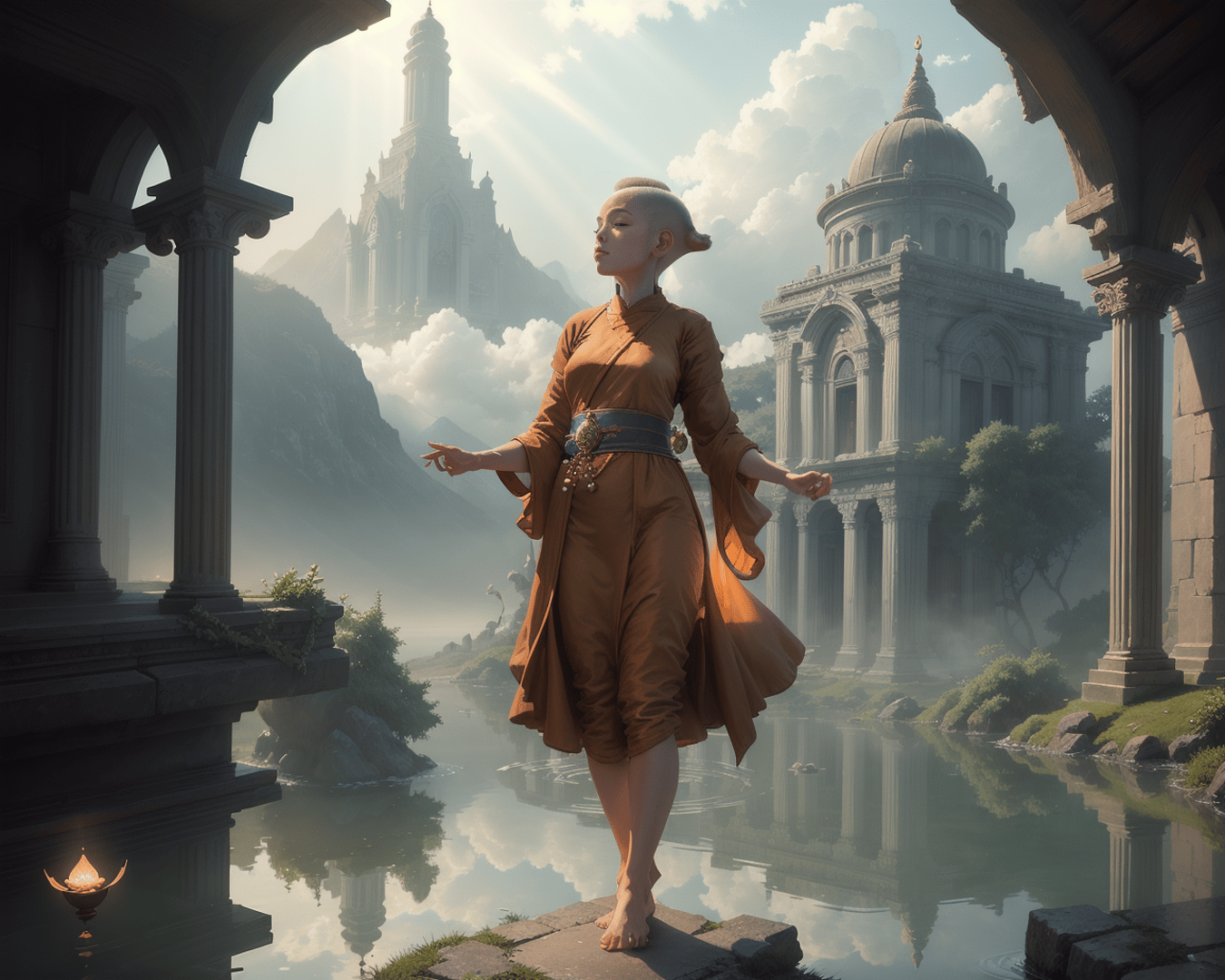 AI generated wallpaper featuring monk, ancient architecture, water