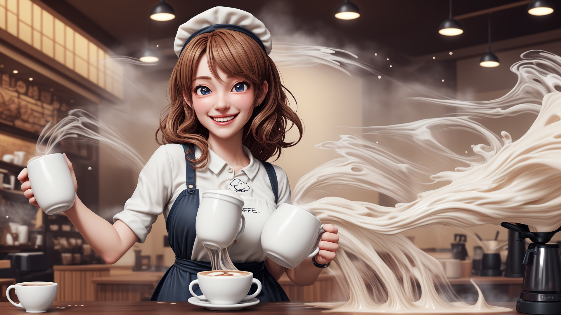 AI generated wallpaper featuring barista, coffee, mug, steamed milk, cafe, latte