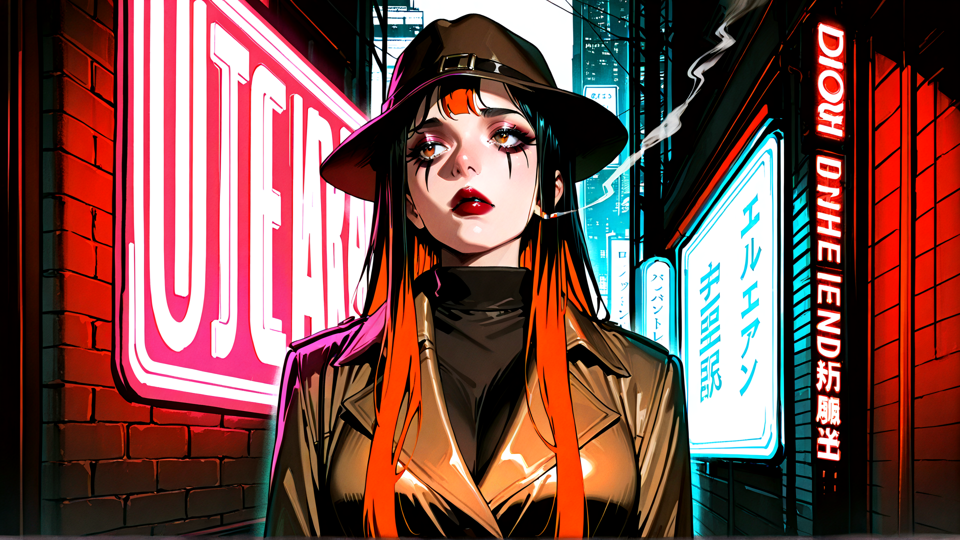 AI generated wallpaper featuring woman, neon sign, city street, hat, trench coat, long hair, smoking