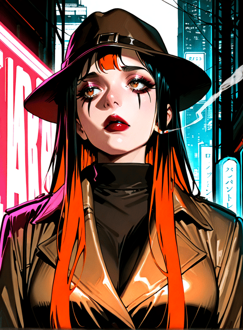 woman, neon sign, city street, hat, trench coat, long hair, smoking