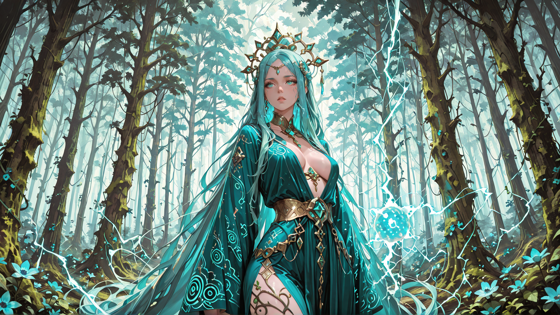 AI generated wallpaper featuring queen, elf, forest, magic, dress