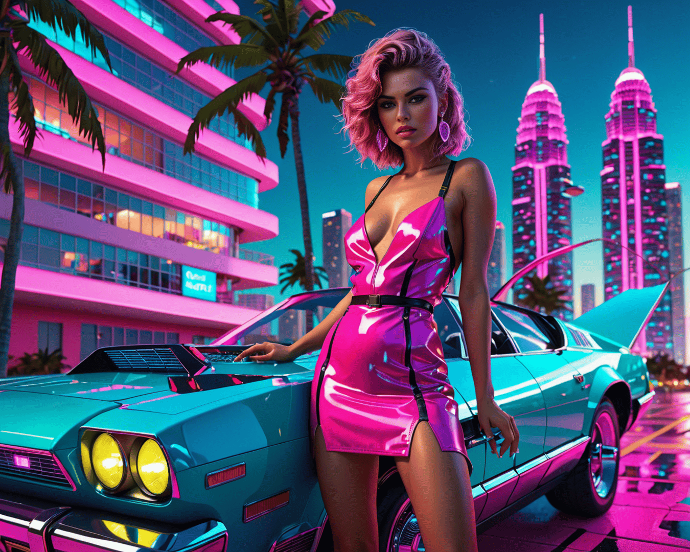 AI generated wallpaper featuring woman, car, city