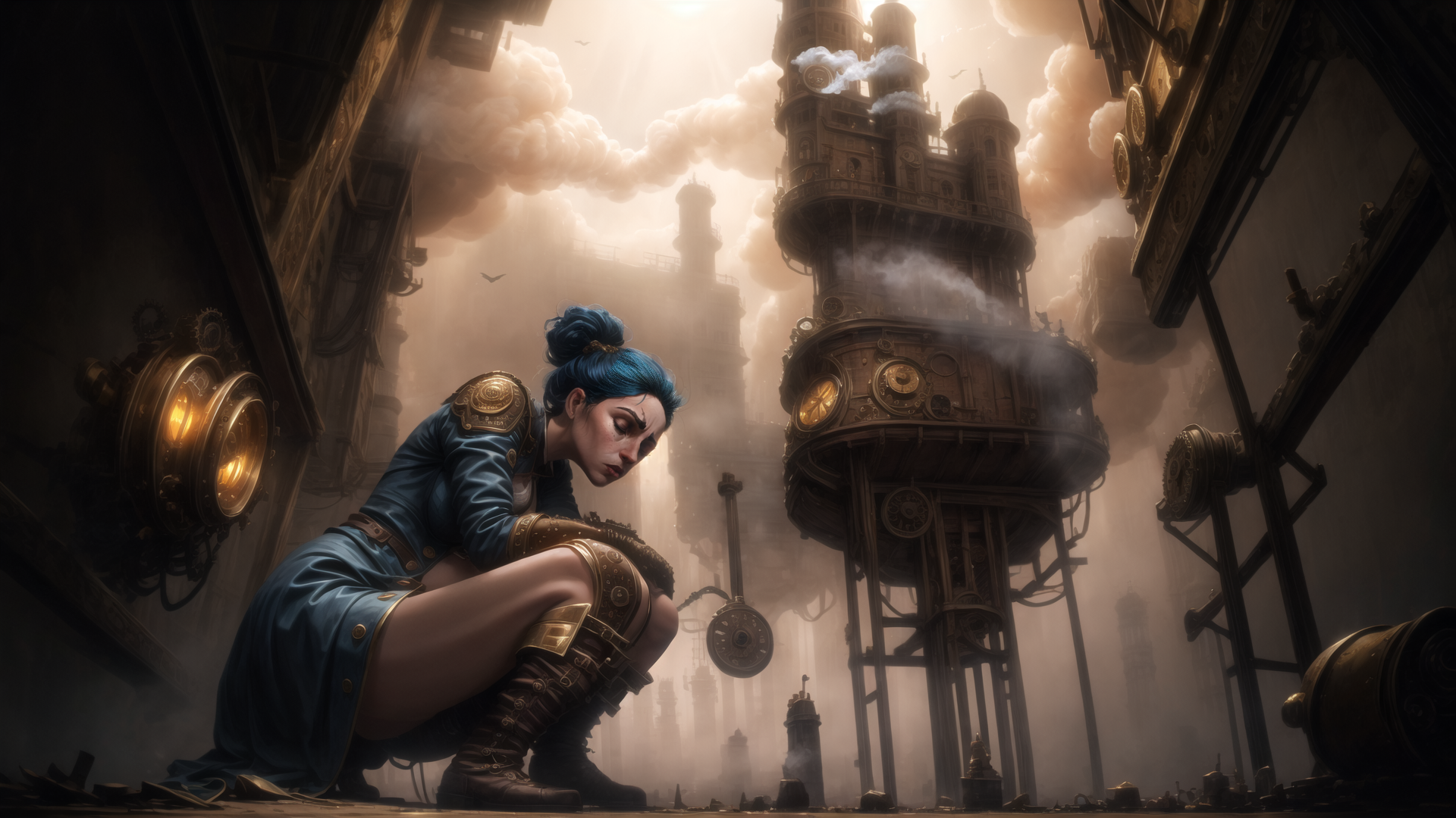AI generated wallpaper featuring woman, steampunk, city