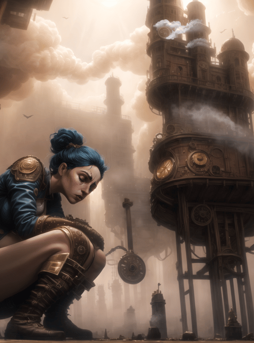 woman, steampunk, city