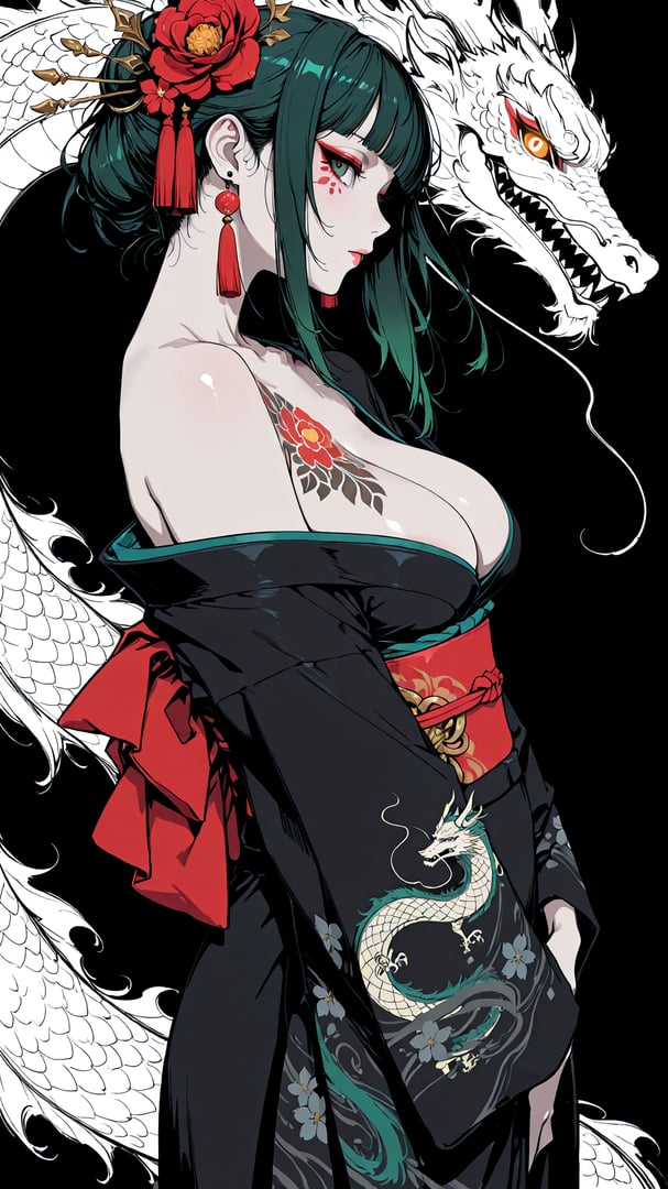 AI generated wallpaper featuring woman, dragon, kimono, tattoo, flower
