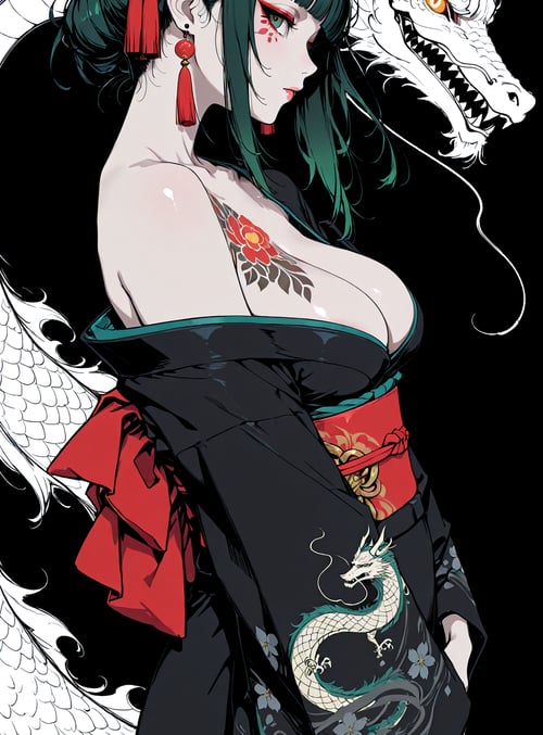 woman, dragon, kimono, tattoo, flower