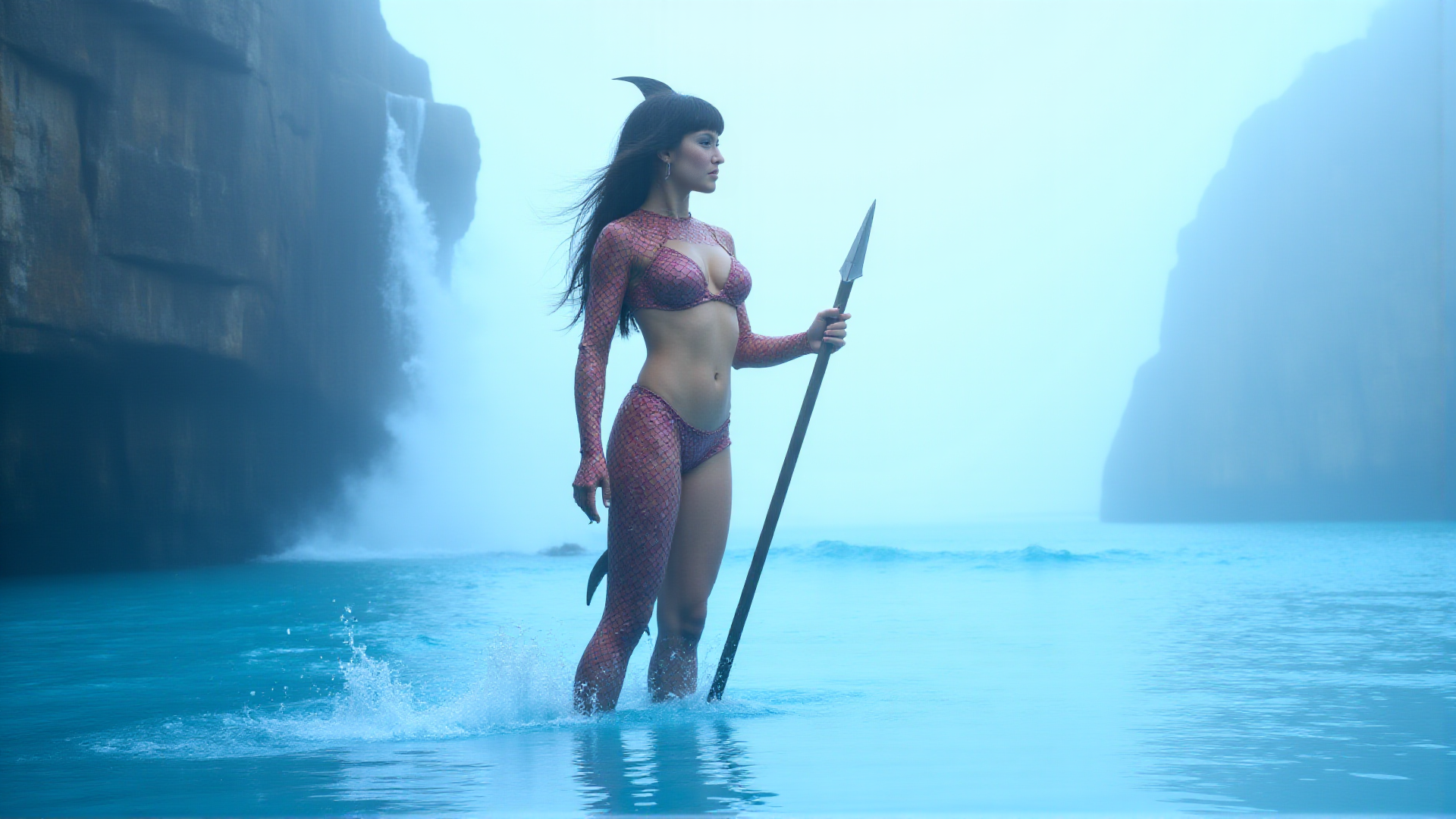AI generated wallpaper featuring mermaid, spear, water