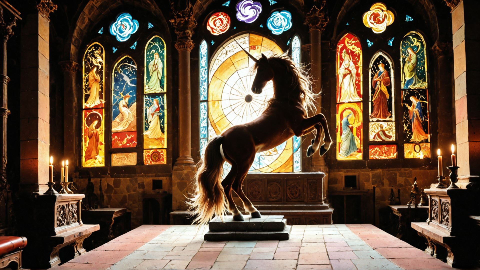 AI generated wallpaper featuring unicorn, stained glass, cathedral, candle, statue, sacred, architecture, window, altar, stone