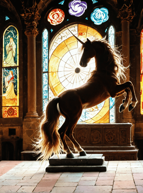 unicorn, stained glass, cathedral, candle, statue, sacred, architecture, window, altar, stone
