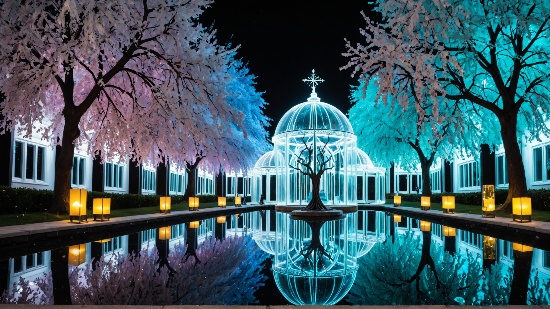 AI generated wallpaper featuring glass dome, cherry blossom trees, reflecting pool, lanterns, building, tree, water, structure, sky, light