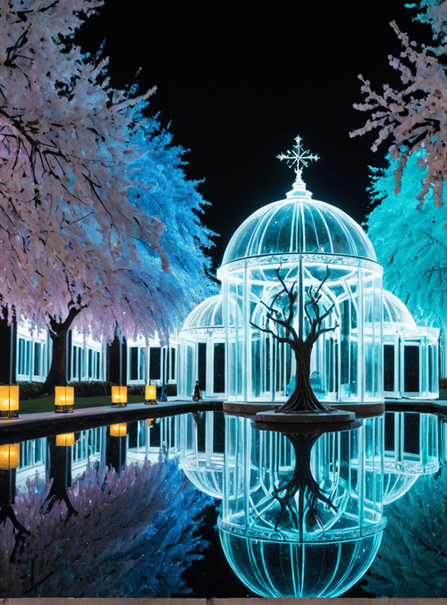 glass dome, cherry blossom trees, reflecting pool, lanterns, building, tree, water, structure, sky, light