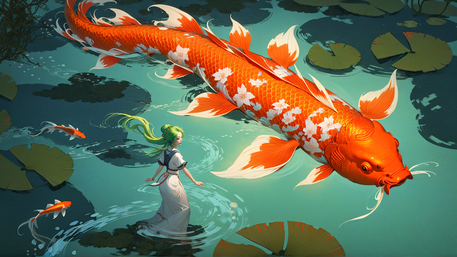 AI generated wallpaper featuring koi fish, girl, lotus, water, lotus leaves, scales