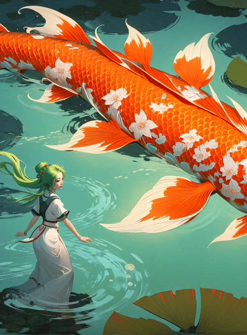 koi fish, girl, lotus, water, lotus leaves, scales