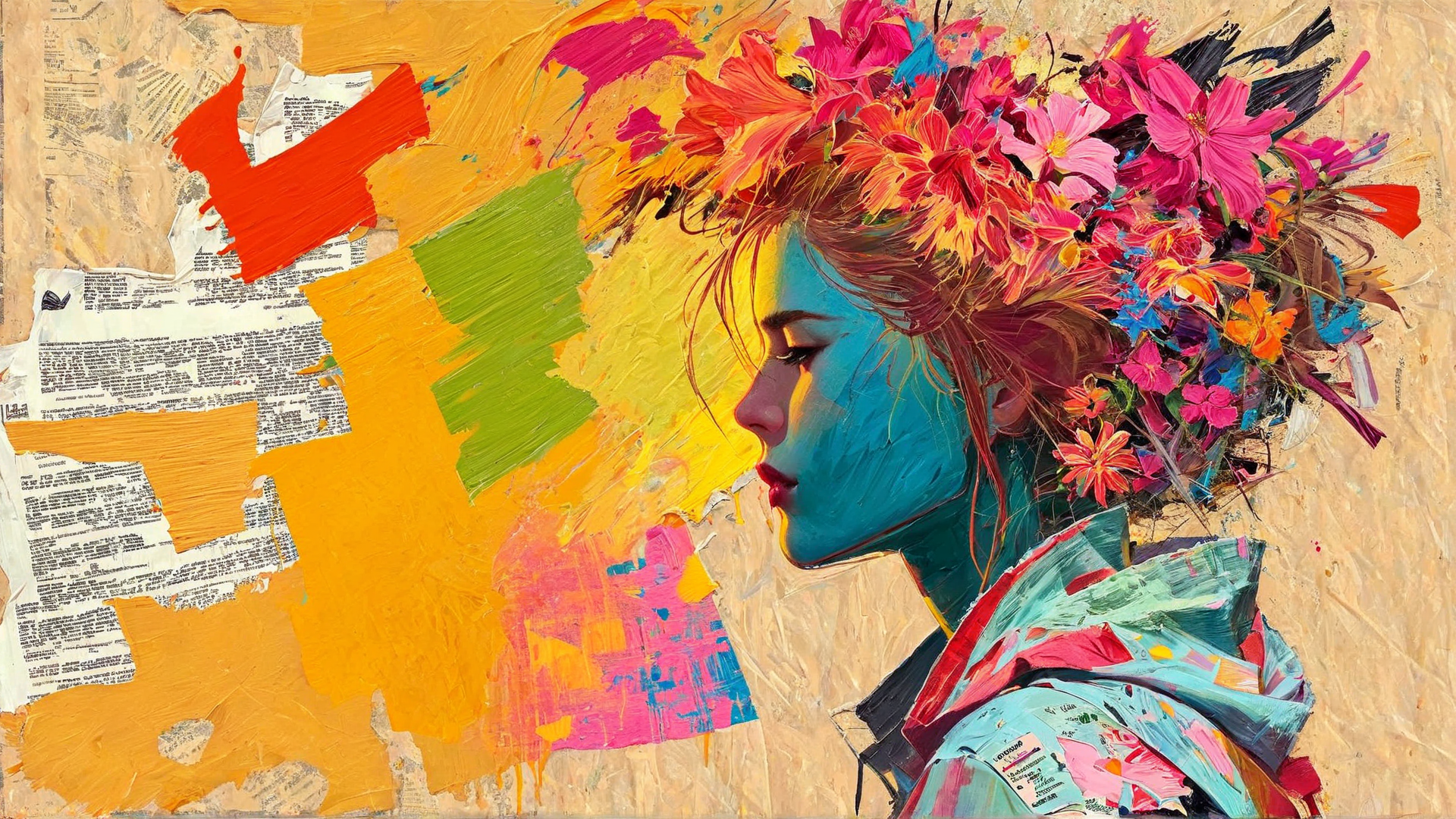 AI generated wallpaper featuring woman, flowers, painting, newspaper, abstract