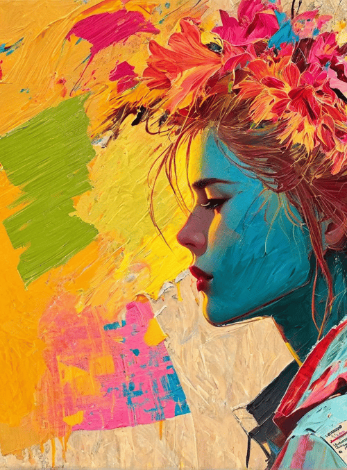 woman, flowers, painting, newspaper, abstract