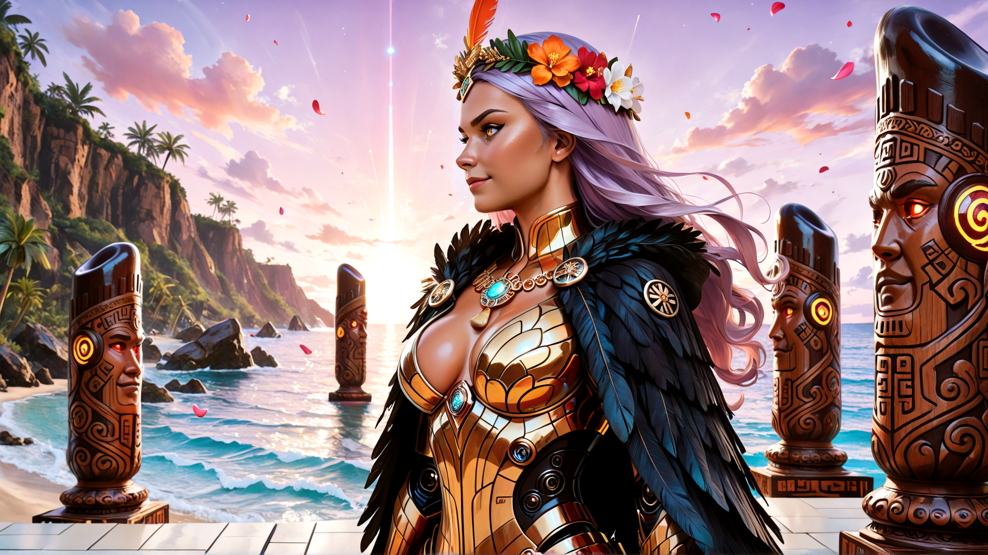 AI generated wallpaper featuring woman, statue, statues, tiki, ocean, palm tree, feather, flower, sunset, sun