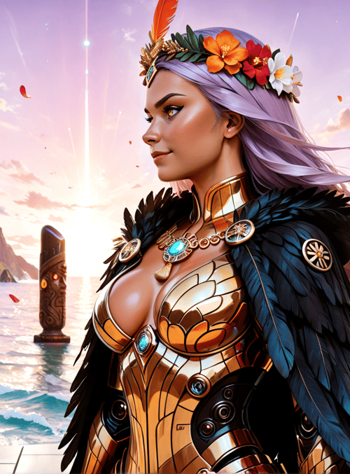 woman, statue, statues, tiki, ocean, palm tree, feather, flower, sunset, sun