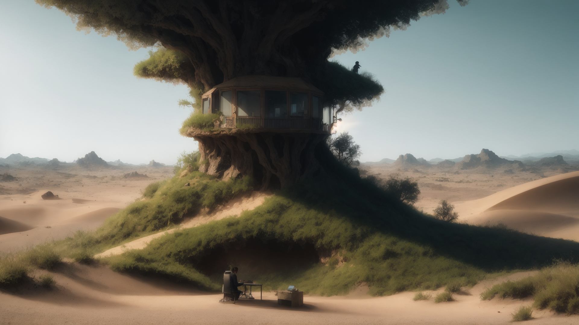 AI generated wallpaper featuring tree house, desert, person