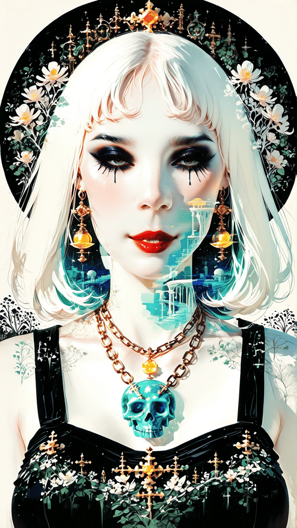 AI generated wallpaper featuring woman, skull, flowers, crosses, earrings, choker, collarbone, hair
