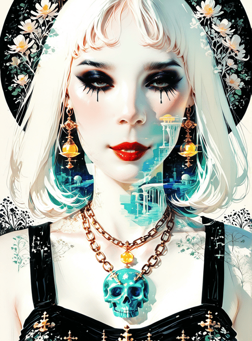 woman, skull, flowers, crosses, earrings, choker, collarbone, hair