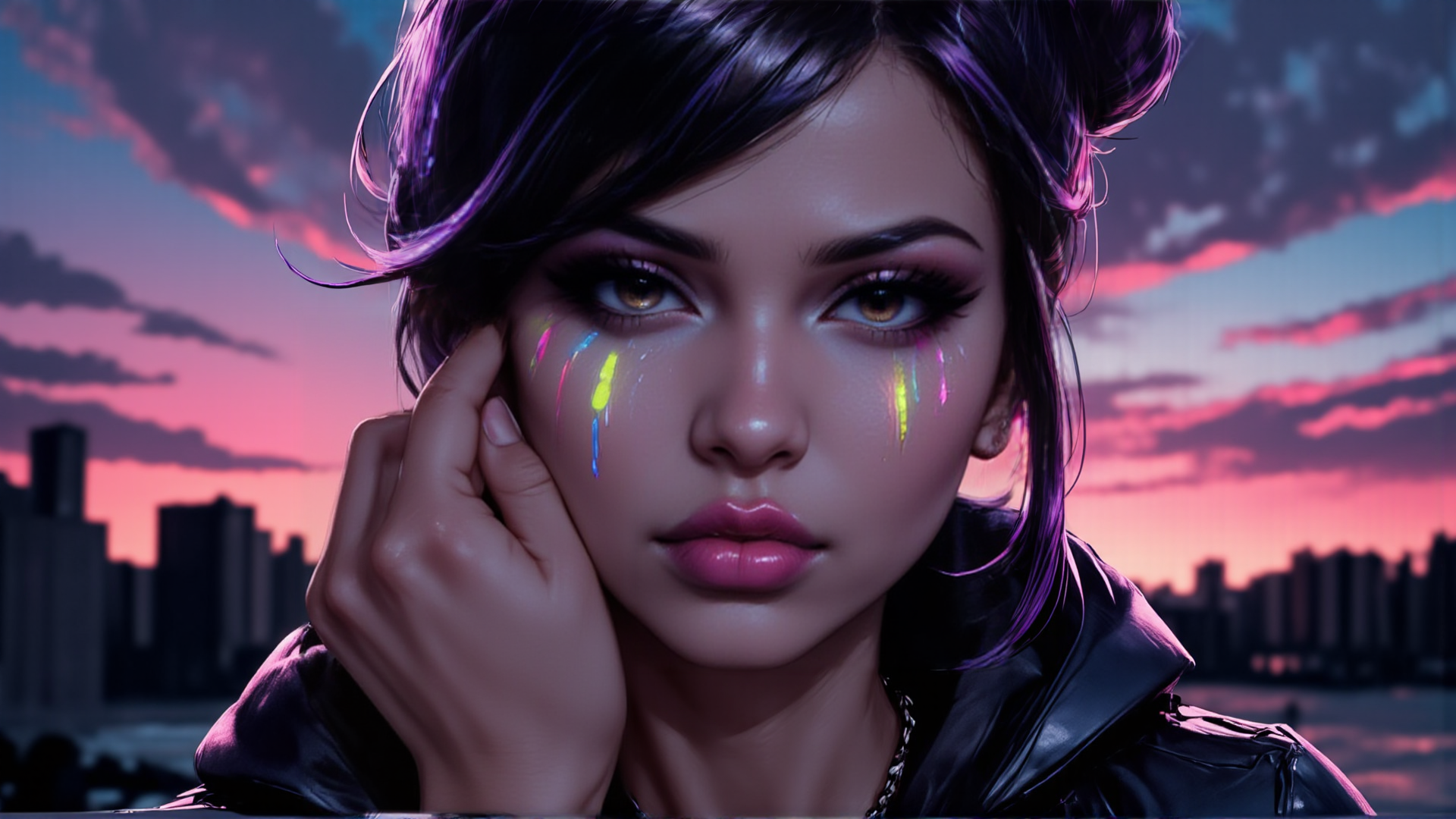 AI generated wallpaper featuring woman, cityscape, tears