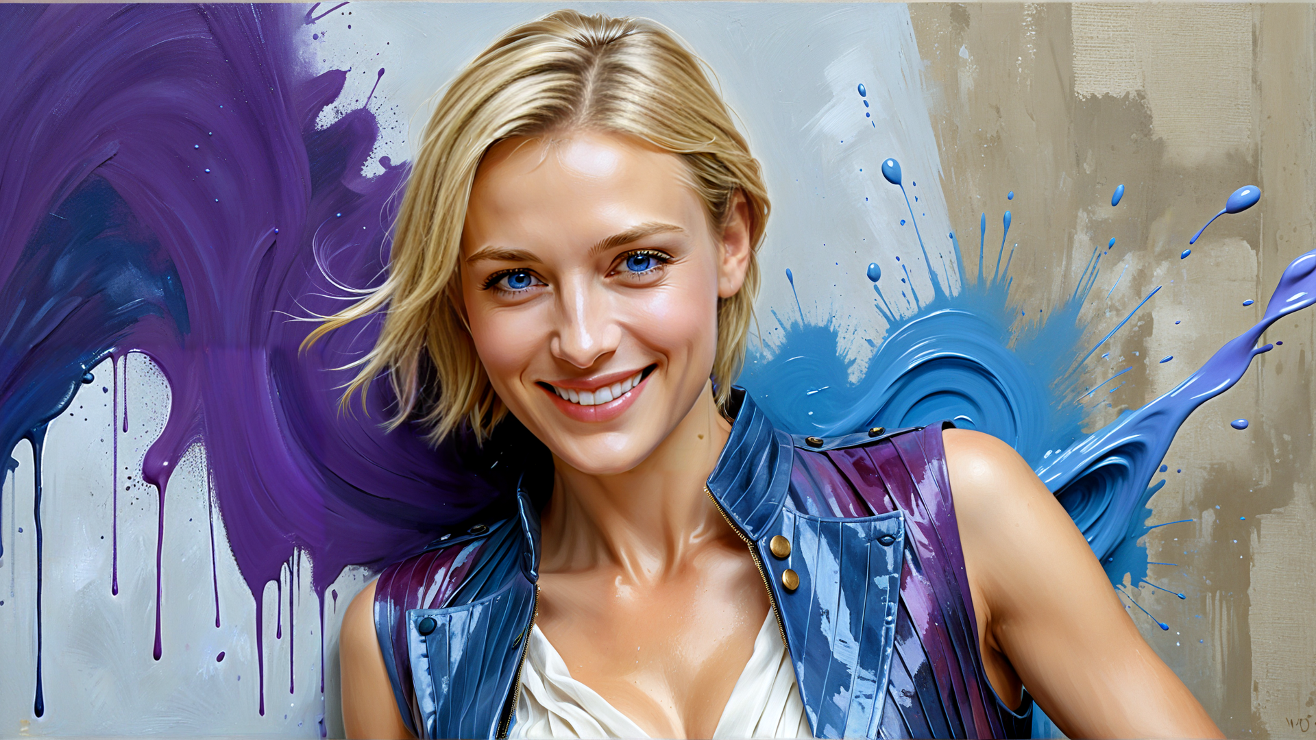 AI generated wallpaper featuring woman, blonde, jacket, paint, splatter, background, art, painting, graffiti, canvas