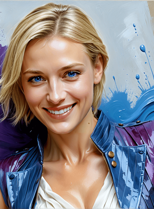 woman, blonde, jacket, paint, splatter, background, art, painting, graffiti, canvas