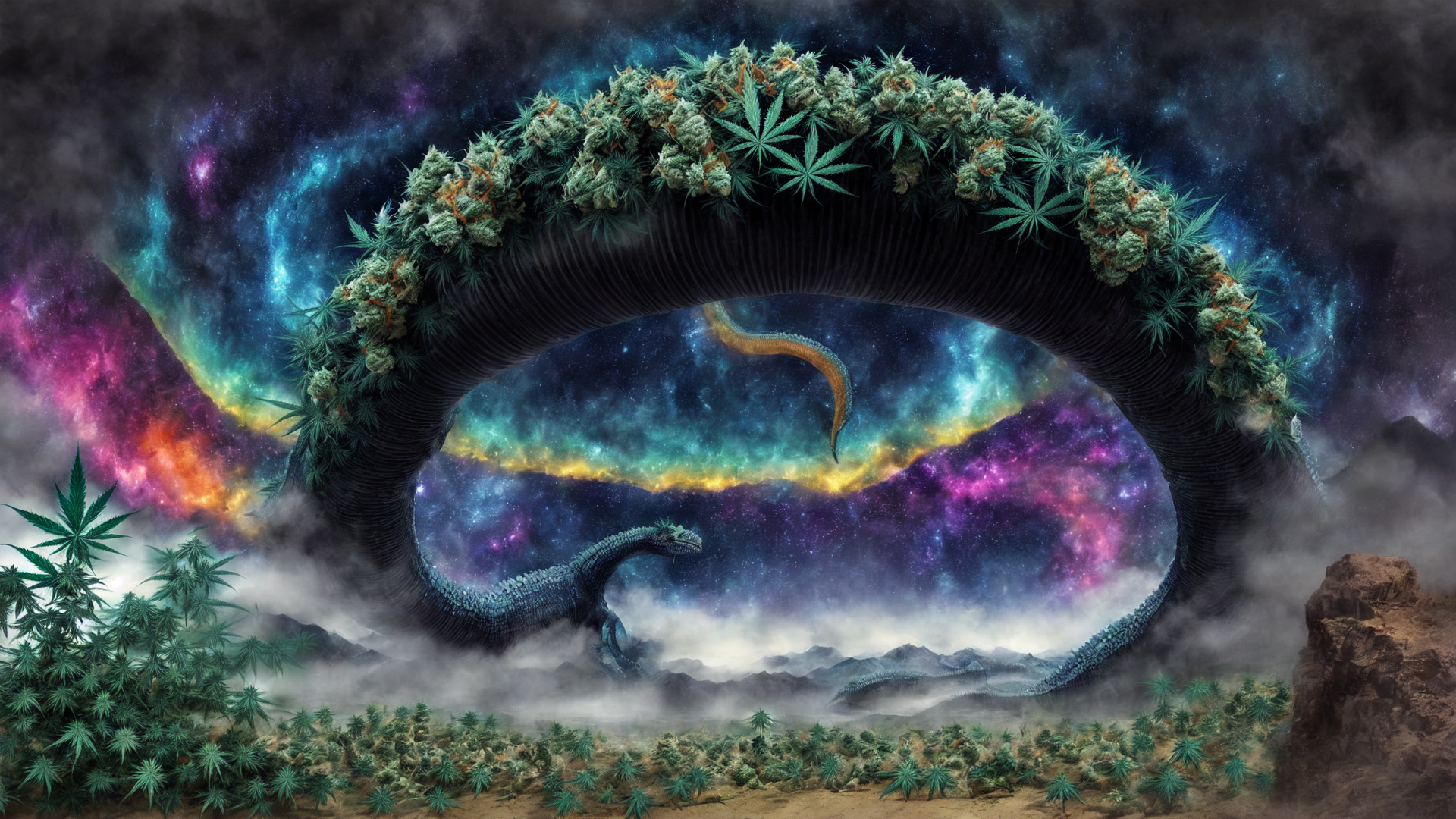 AI generated wallpaper featuring cannabis, dragon, galaxy, nebula, arch, plants, desert, stars, mountains, smoke