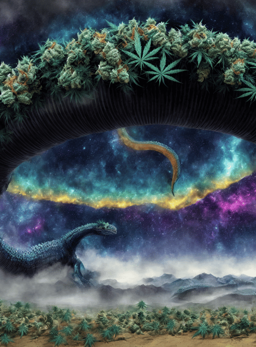 cannabis, dragon, galaxy, nebula, arch, plants, desert, stars, mountains, smoke