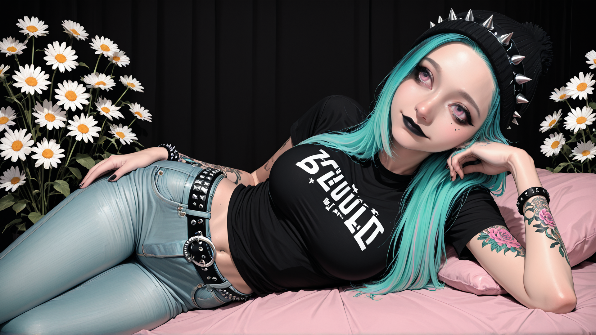 AI generated wallpaper featuring woman, daisy, tattoo, beanie, belt, jeans, t-shirt, bed, hair, pom-pom