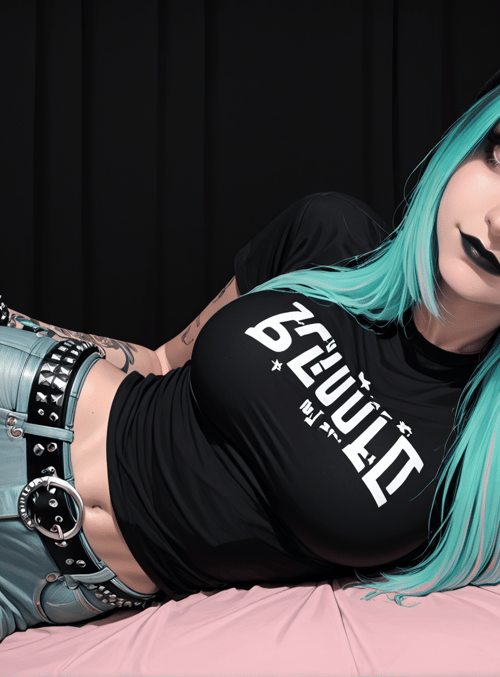 woman, daisy, tattoo, beanie, belt, jeans, t-shirt, bed, hair, pom-pom