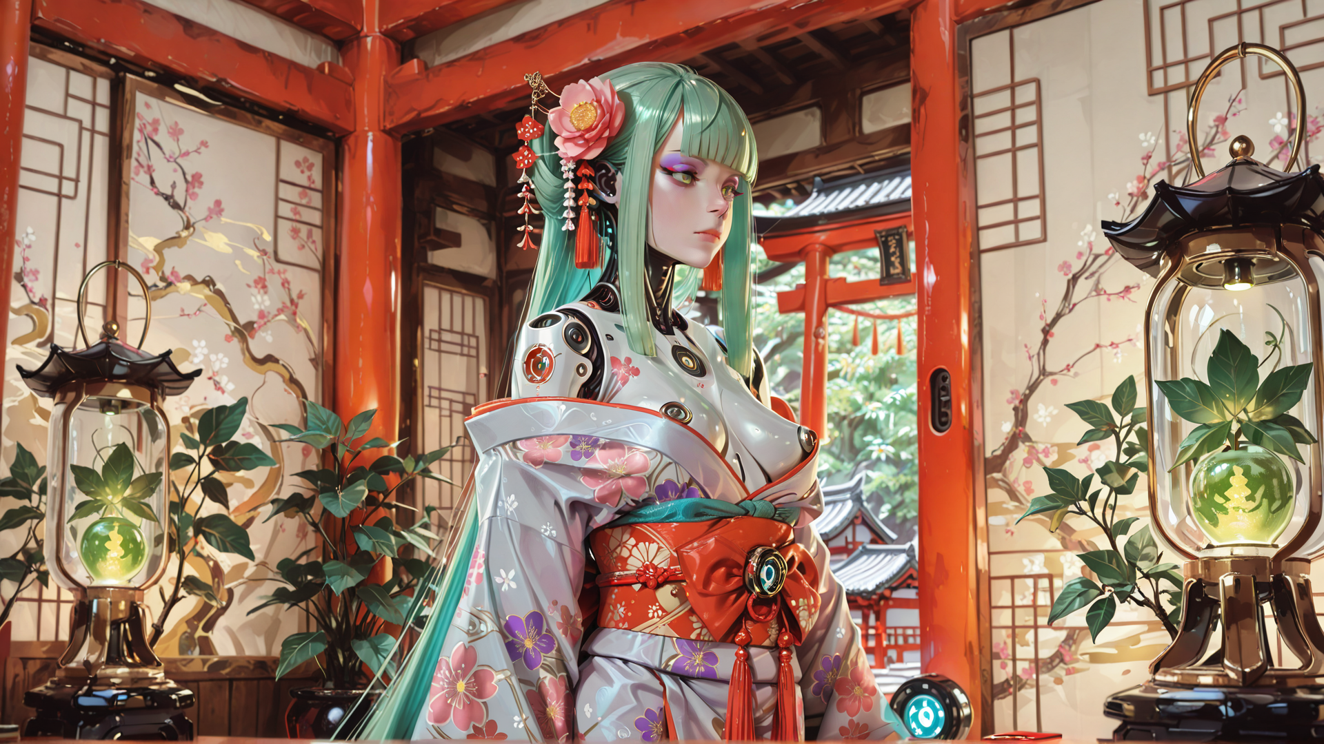 AI generated wallpaper featuring cyborg, geisha, cherry blossom, lantern, traditional building