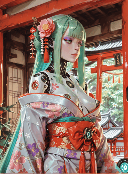 cyborg, geisha, cherry blossom, lantern, traditional building